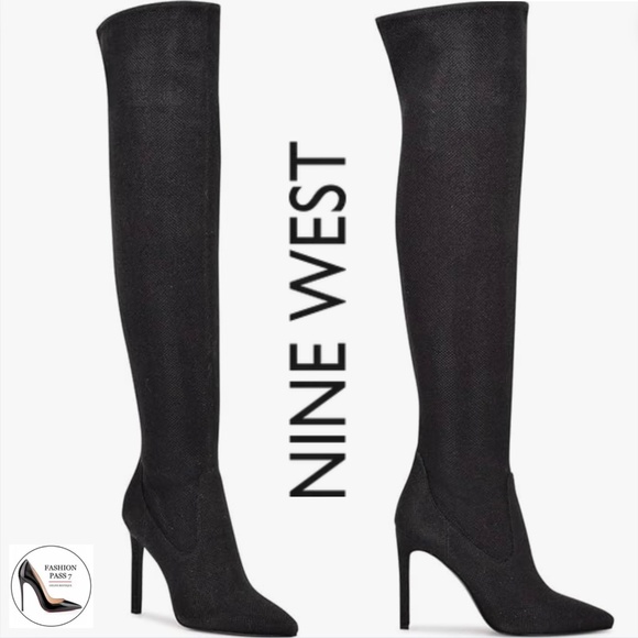 NINE WEST Black Stretch Tacy Pointed Toe Stiletto Zip-Up over the knee Boots 8.5 - Picture 1 of 11